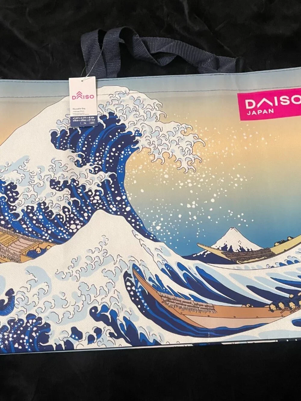 Daiso Japan Great Wave Tote Bag Blue Hokusai Reusable